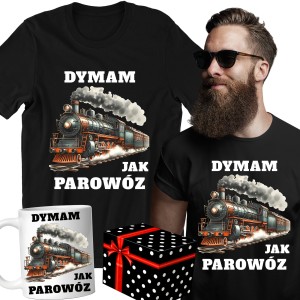 ZESTAW KOSZULKA KUBEK DYMAM JAK PAROWÓZ śmieszny PREZENT URODZINY + PUDEŁKO