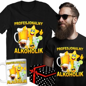 ZESTAW KOSZULKA KUBEK PROFESJONALNY ALKOHOLIK PREZENT URODZINY + PUDEŁKO