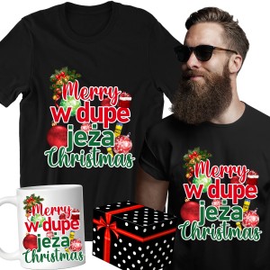 ZESTAW KOSZULKA KUBEK MERRY W DUPE JEŻA CHRISTMAS PREZENT URODZINY +PUDEŁKO