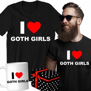 ZESTAW KOSZULKA KUBEK I LOVE GOTH GIRLS śmieszny PREZENT ŚWIĘTA + PUDEŁKO