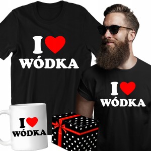 ZESTAW KOSZULKA KUBEK I LOVE WÓDKA ŚMIESZNY PREZENT URODZINY ŚWIĘTA+PUDEŁKO