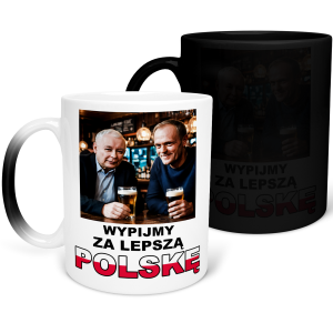 MAGICZNY KUBEK KACZYŃSKI TUSK "Wypijmy za lepszą Polskę" PREZENT 330ml + OPAKOWANIE na URODZINY ŚWIĘTA