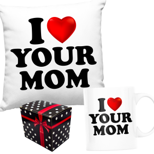 ZABAWNY ZESTAW śmieszny PREZENT PODUSZKA + KUBEK I LOVE YOUR MOM + PUDEŁKO