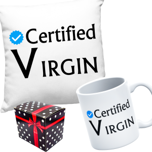 ZABAWNY ZESTAW śmieszny PREZENT PODUSZKA + KUBEK CERTIFIED VIRGIN + PUDEŁKO