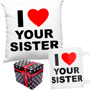 ZABAWNY ZESTAW PREZENT PODUSZKA + KUBEK I LOVE YOUR SISTER + PUDEŁKO