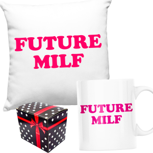 ZABAWNY ZESTAW PREZENT dla niej PODUSZKA + KUBEK FUTURE MILF + PUDEŁKO