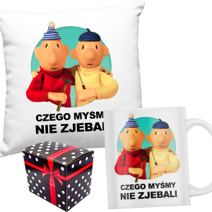 ZABAWNY ZESTAW PREZENT PODUSZKA + KUBEK SĄSIEDZI CZEGO MYŚMY NIE ZJEBALI