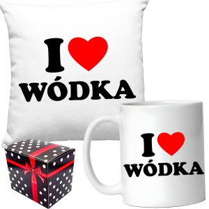 ZABAWNY ZESTAW PREZENT ŚWIĘTA PODUSZKA + KUBEK I LOVE WÓDKA + PUDEŁKO
