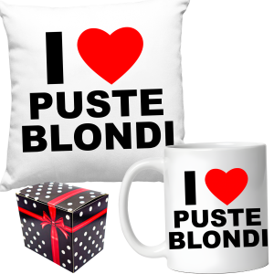 ZABAWNY ZESTAW PREZENT ŚWIĘTA PODUSZKA + KUBEK I LOVE PUSTE BLONDI +PUDEŁKO