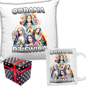 ZABAWNY ZESTAW PREZENT ŚWIĘTA PODUSZKA + KUBEK ODDANA DZIEWICA + PUDEŁKO