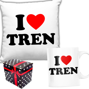 ZABAWNY ZESTAW PREZENT ŚWIĘTA PODUSZKA + KUBEK I LOVE TREN + PUDEŁKO