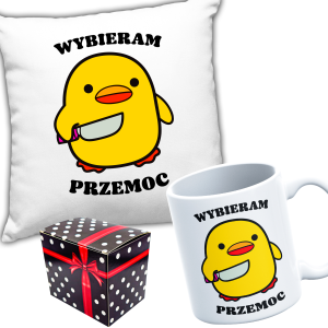 ZABAWNA kaczka ZESTAW PREZENT PODUSZKA + KUBEK WYBIERAM PRZEMOC + PUDEŁKO