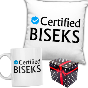 ZABAWNY ZESTAW PREZENT ŚWIĘTA PODUSZKA + KUBEK CERTIFIED BISEKS + PUDEŁKO