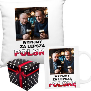 zabawny ZESTAW NA PREZENT PODUSZKA + KUBEK KACZYŃSKI TUSK WYPIJMY ZA POLSKĘ