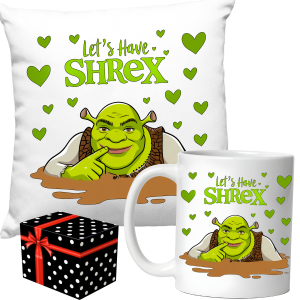 ZABAWNY ZESTAW śmieszny PREZENT PODUSZKA + KUBEK LETS HAVE SHREX + PUDEŁKO