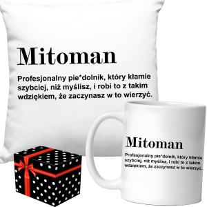 ZABAWNY ZESTAW śmieszny PREZENT PODUSZKA + KUBEK MITOMAN DEFINICJA +PUDEŁKO