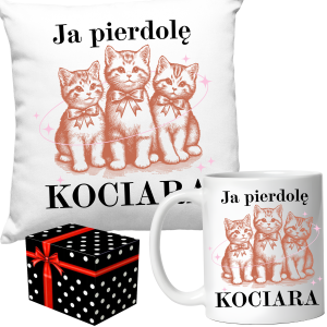 ZESTAW śmieszny PREZENT dla Kociary PODUSZKA + KUBEK KOCIARA + PUDEŁKO